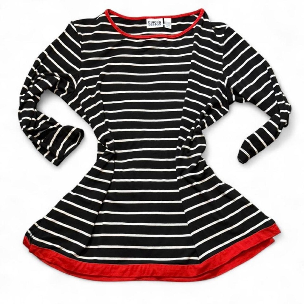 Vintage 90s Chicos Boat Neck Black & White Striped Red Trim Top, Women's Size XL